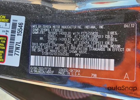 2012 Toyota Sequoia Sr5 z USA, uszkodzony, nr VIN 5TDBY5G10CS066580